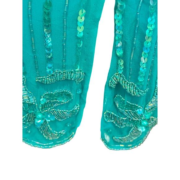 Nadine Boutique Vintage 100% Silk Hand Beaded Turquoise Green Cocktail Dress-M - Picture 10 of 16